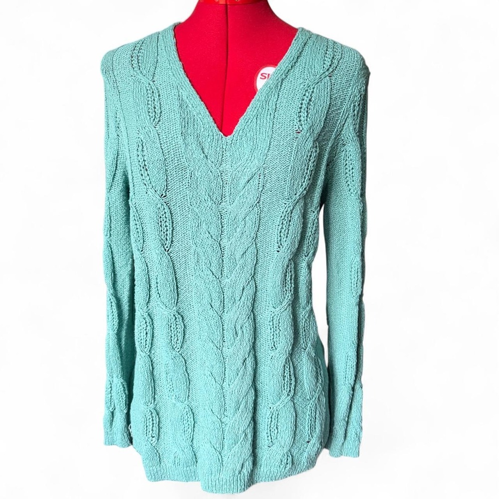 J Jill Cable Knit Lightwight V Neck Sweater in Sprout Green Size Small BNWT